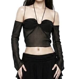 GUIZIO XXS Sheer Halter Off-Shoulder Cropped Chiffon Top